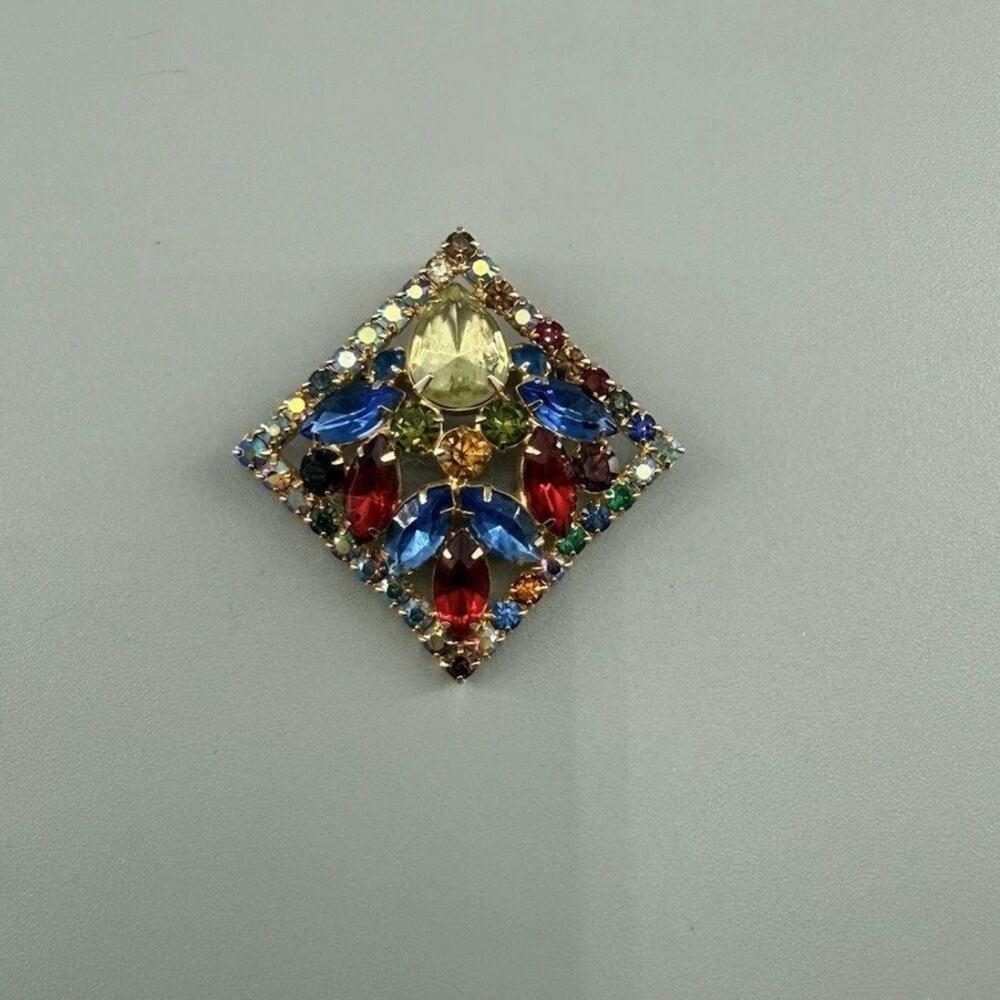 Vintage WEISS Rhinestone Square Brooch Multicolor Jewel Tone Diamond UV Glow